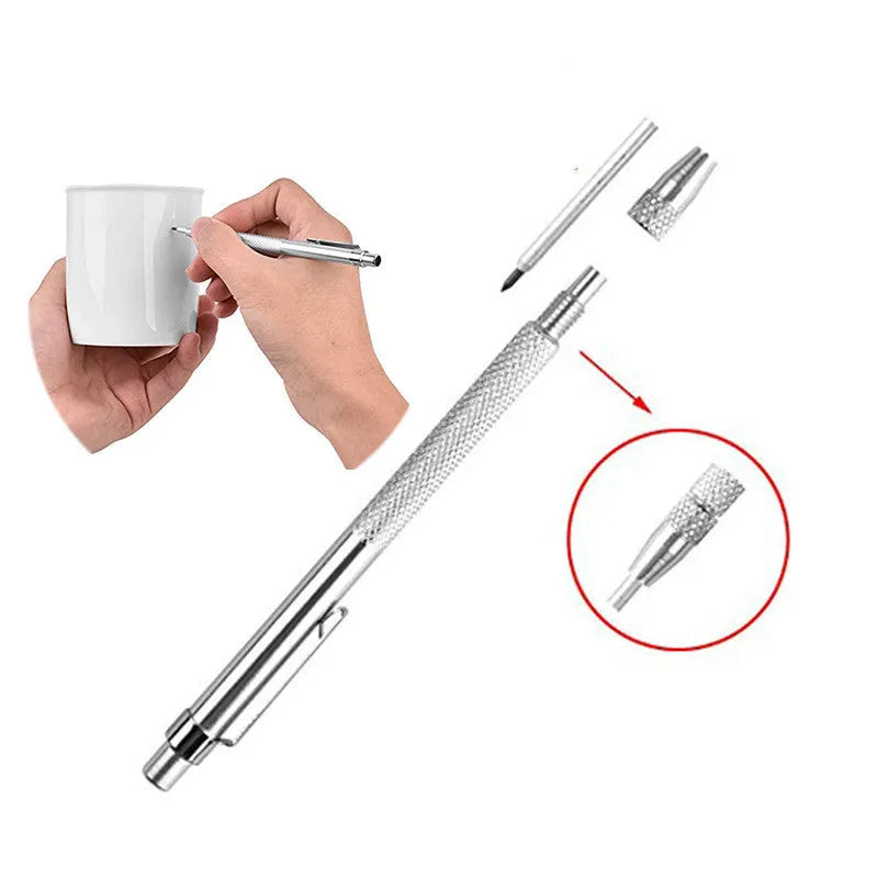Silver aluminum glass marking pen with tungsten carbide tip on white background