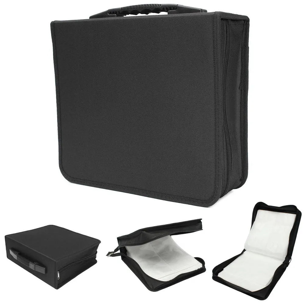 Black Oxford fabric CD DVD storage organiser binder with a top hand strap and zipper closure.