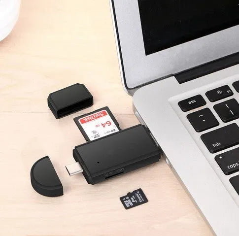 Black Smart Three-In-One Multi-Function Card Reader with Micro USB and USB 2.0 connectors