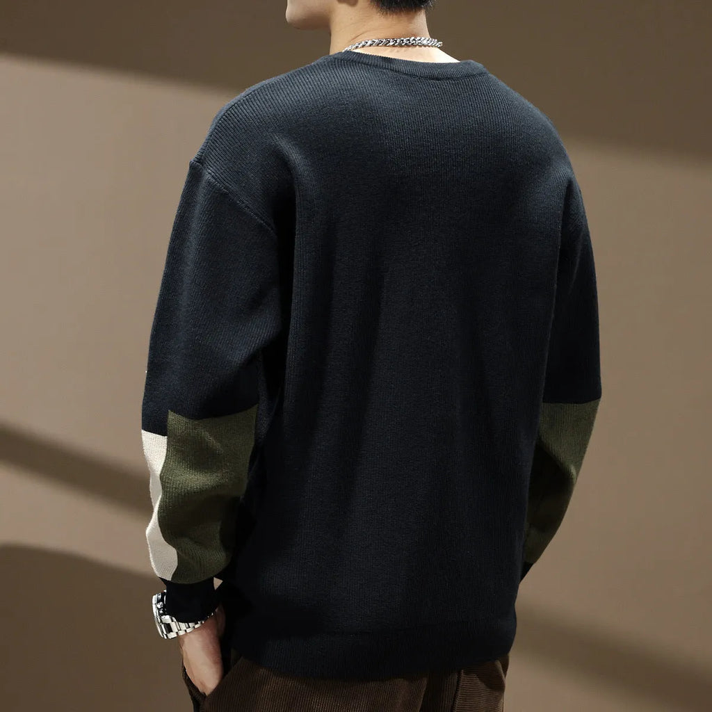 Men's black high sense colour contrast patchwork loose-fitting oversized polyester sweater with long sleeves