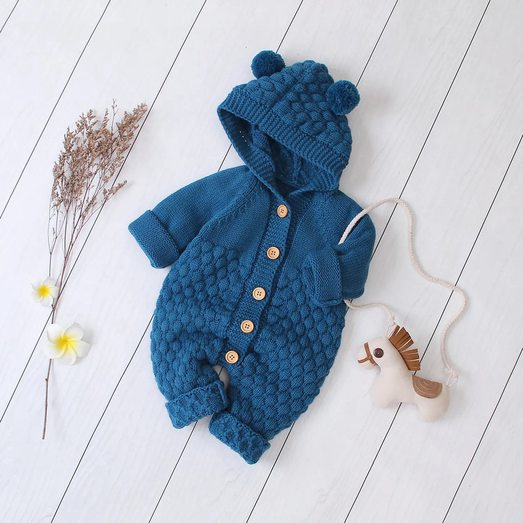 Hooded knitted jumpsuit unisex long sleeve casual 100% acrylic knit blue front view