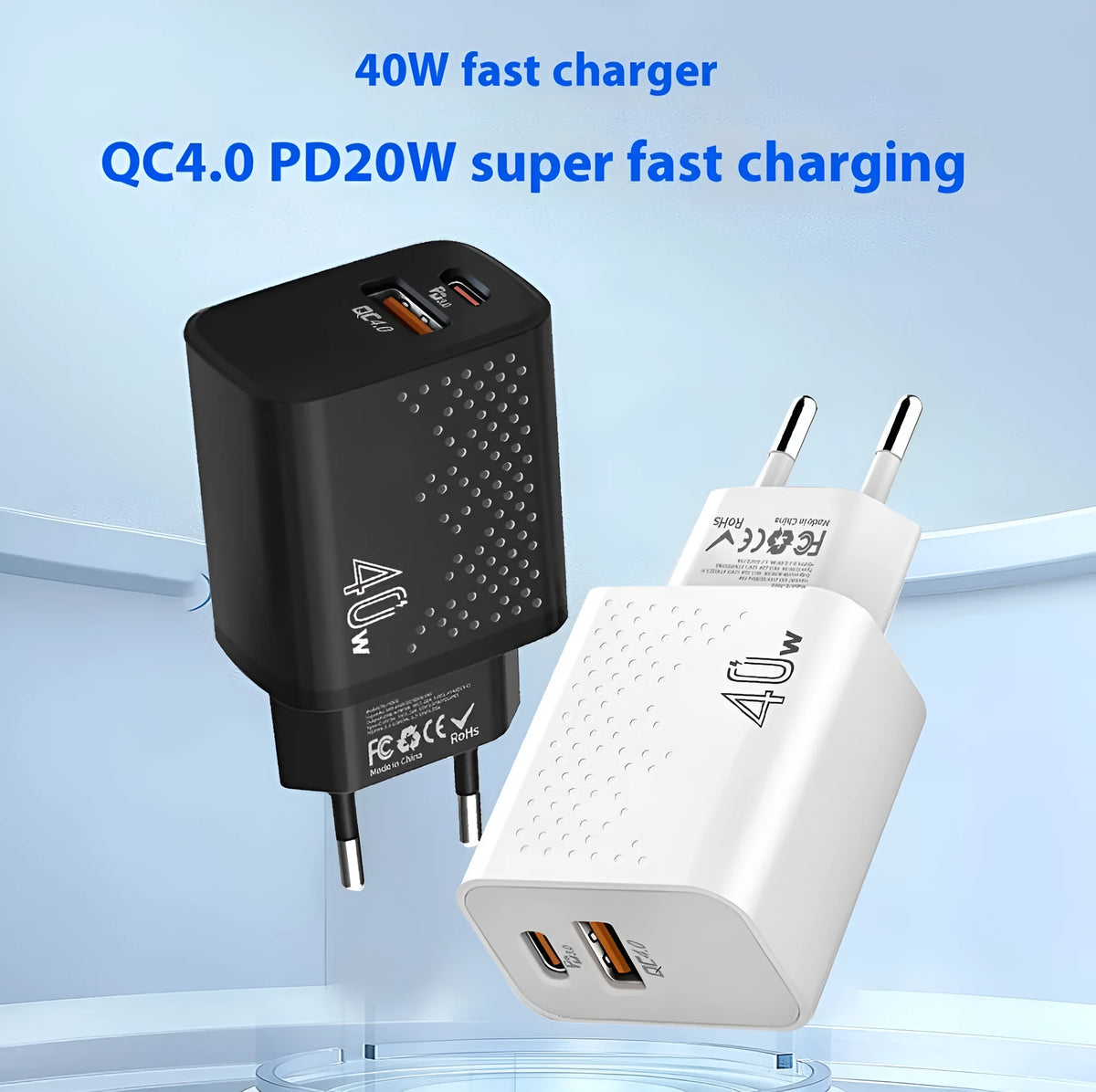 Dual-port USB charger 40W 3A with American Standard plug in white finish