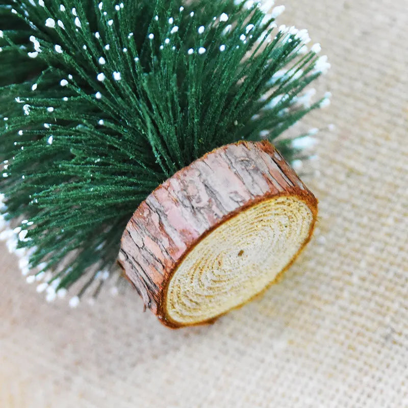 Set of artificial Christmas pine needle trees in green and white, heights 10cm to 30cm, on a tabletop