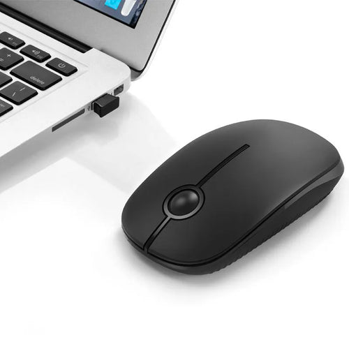 Black 2.4G wireless mouse with compact dimensions 120x66x36mm on desk