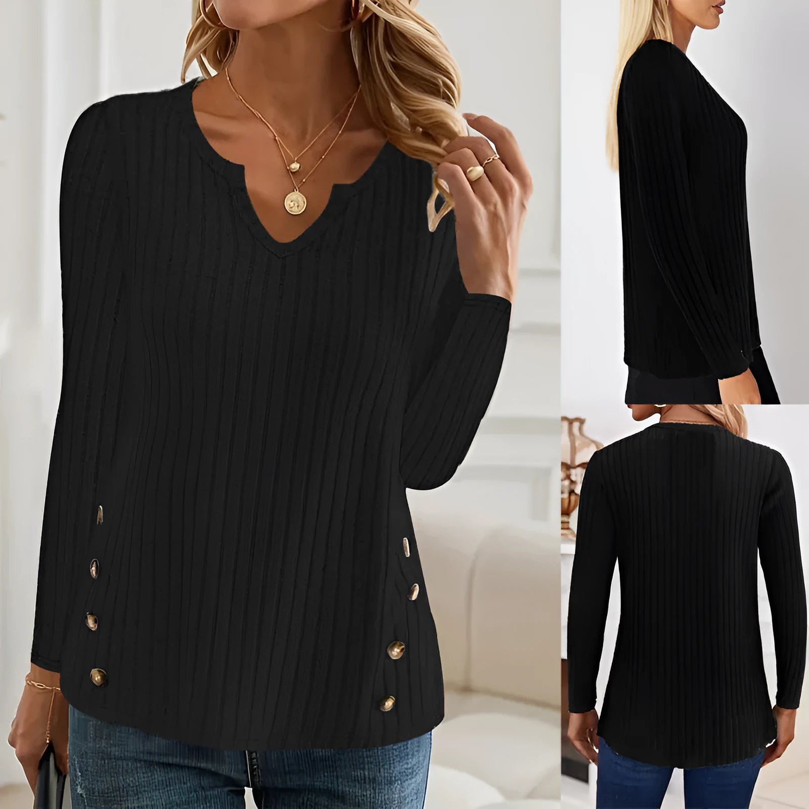 Casual button-front knitted sweater pullover in solid colour with regular sleeves