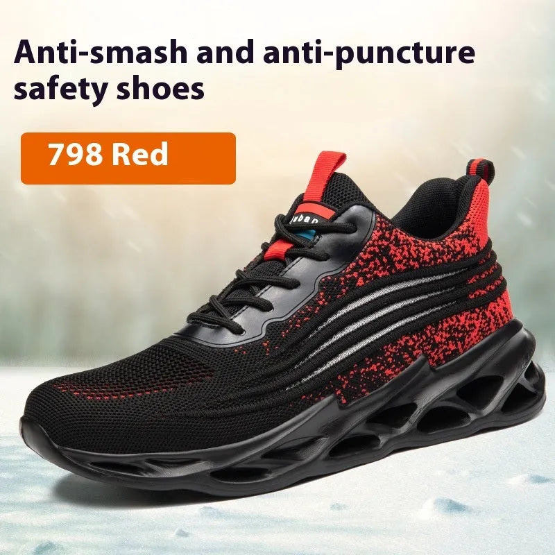 Brown leather lightweight labour protection safety shoes with anti-smashing and puncture-resistant toe caps on a rubber sole.
