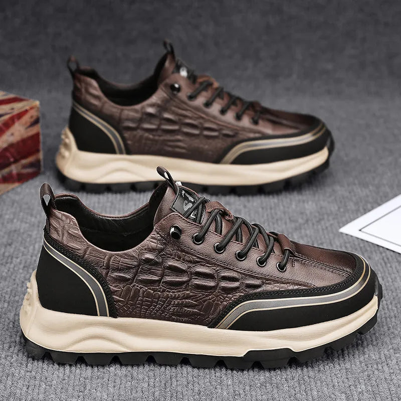 Men's business casual flat leather shoes round toe lacing low heel artificial PU black brown