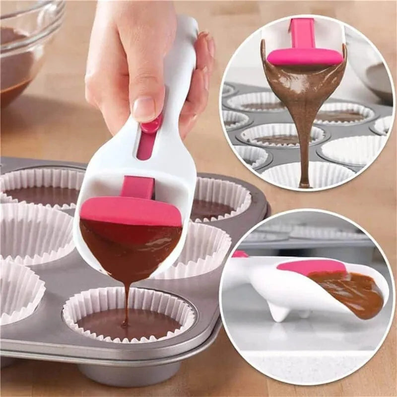 Photo-colour cake batter scoop with push lever on handle, 19.5 cm long, on white background