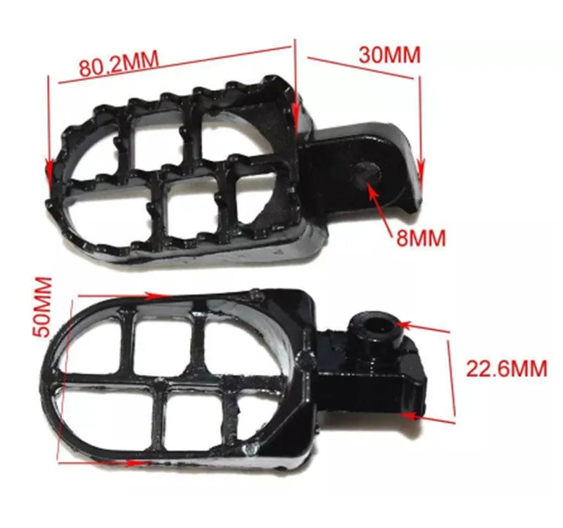 Pair of aluminium off-road motorcycle foot pedals with foot nail cover design available in black or silver