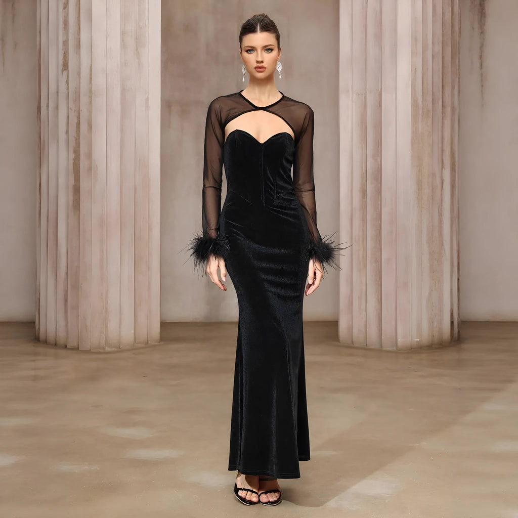 Black velvet tube top dress and semi-transparent mesh top two-piece set with lace trim for women