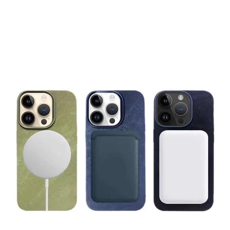 Silver grey magnetic leather iPhone case with velvet material showing magnetic back