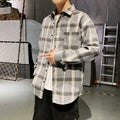 Men's long sleeve plaid shirt in loose fit, polyester blend, shown in black, grey, and navy blue