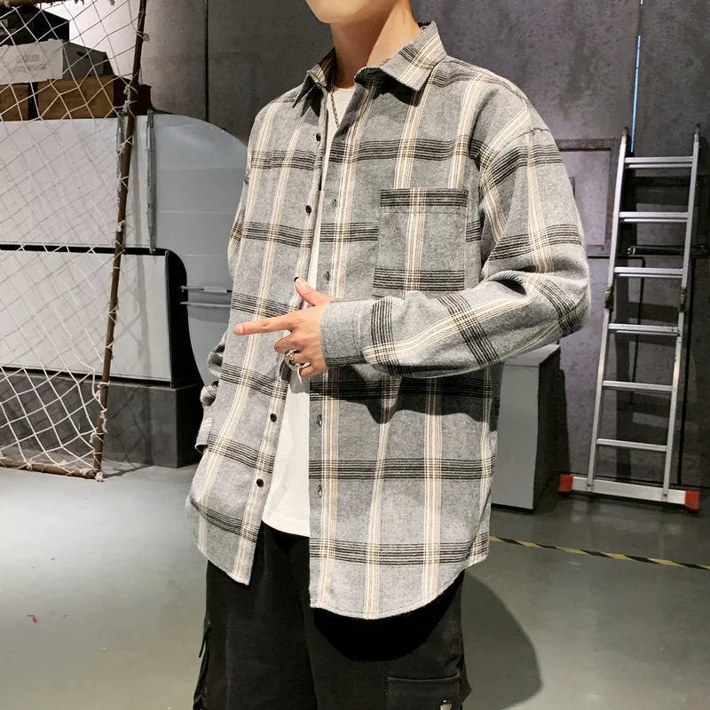 Men's long sleeve plaid shirt in loose fit, polyester blend, shown in black, grey, and navy blue