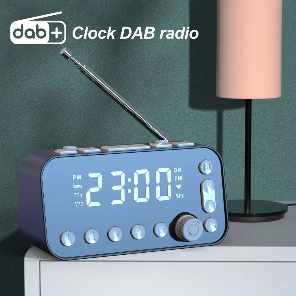 Black DAB bedside alarm clock with large LED display, upgrade pig tail antenna, and side USB ports.