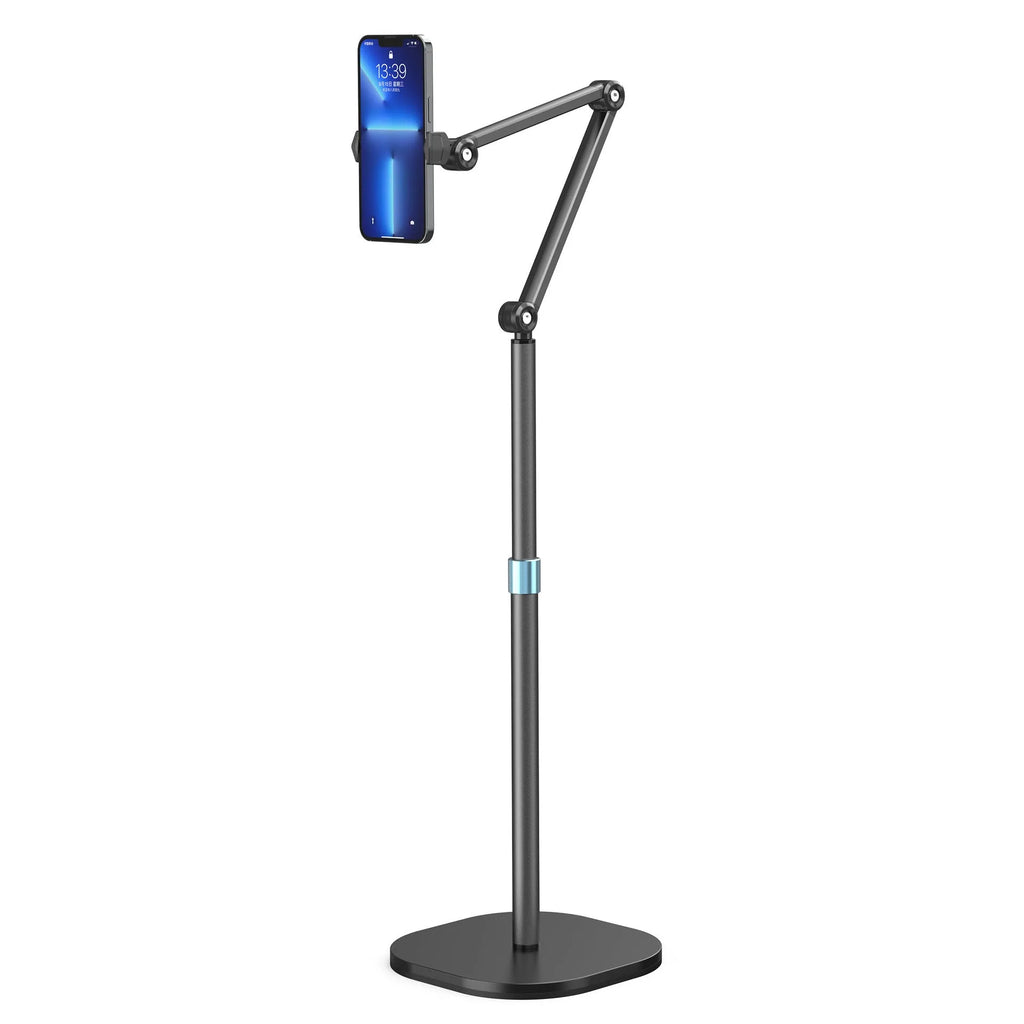 Bedside lifting floor cantilever bracket holding a tablet, with metal chassis and adjustable arm, 56x28x28 cm
