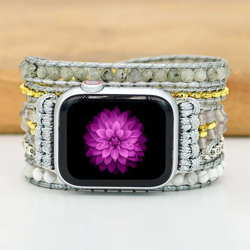 Natural stone beaded crystal watch strap in bohemian style, 38-45mm width, three sizes available