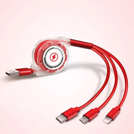 3-in-1 telescopic charging cable extended to show connectors with 120cm TPE cable and titanium alloy plugs.
