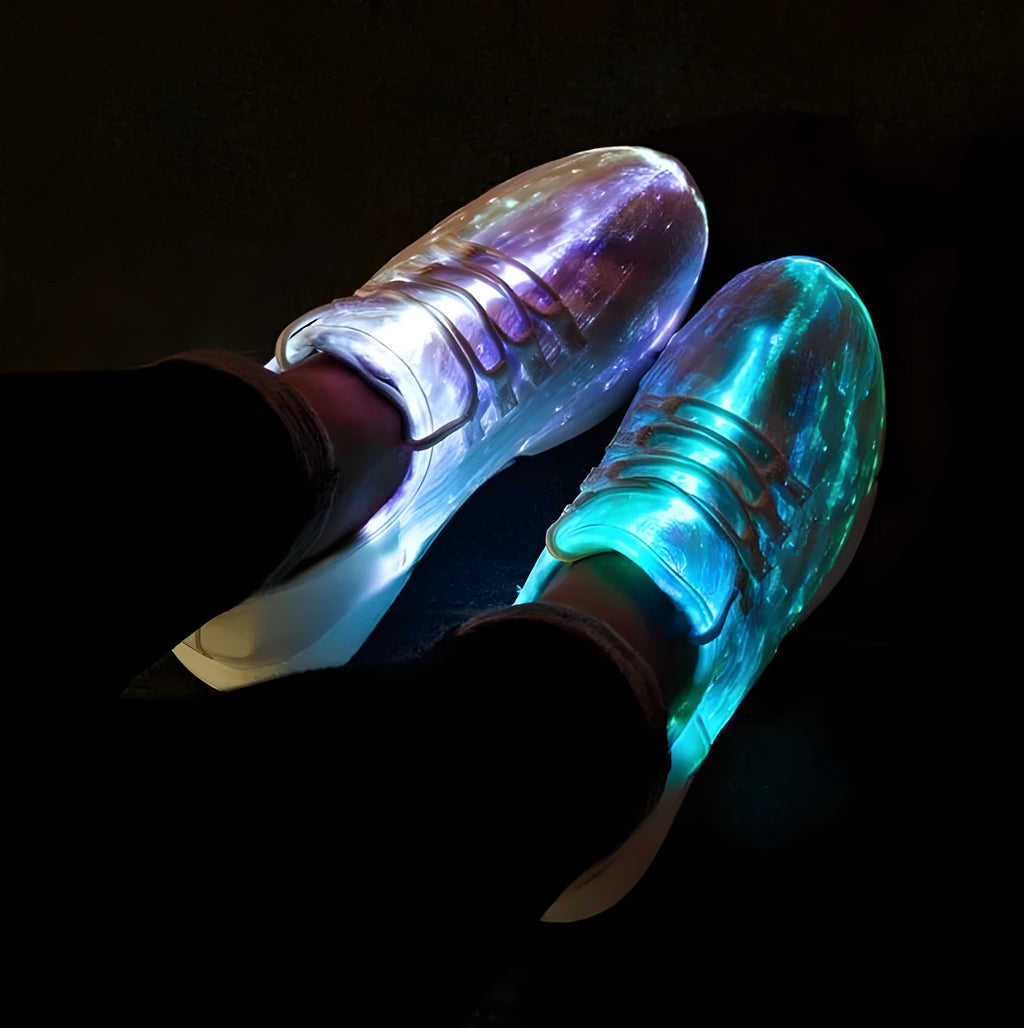 Unisex fiber optic LED shoes with USB rechargeable glowing lights, fly woven cloth upper, EVA sole, casual loafers in black