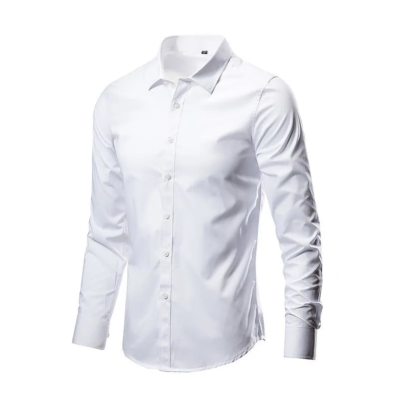 Men's loose long-sleeve linen shirt on a hanger, shown in a navy blue colour.
