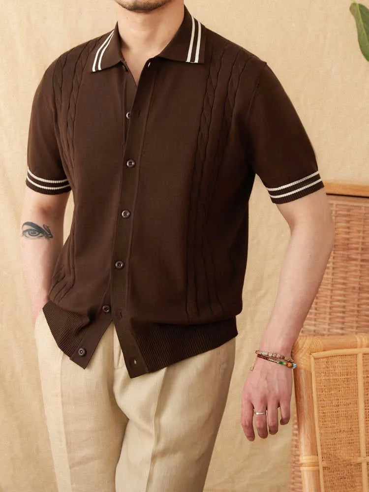 Cotton blend short-sleeved lapel polo shirt in apricot, coffee, and white colours