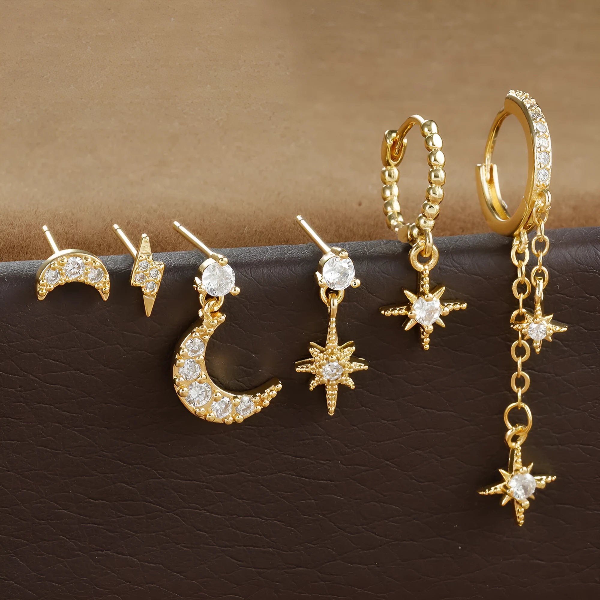 XINGX six gold chain tassel earrings with zircon studs on copper with electroplated finish