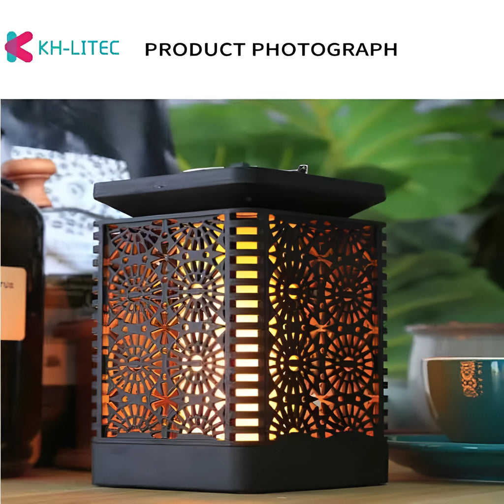 Black solar hanging flame torch light with LED flickering effect for outdoor garden decoration