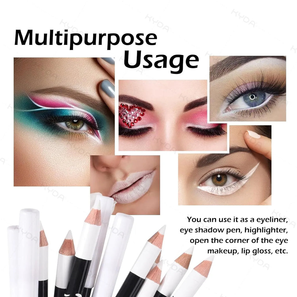 12-piece white and black waterproof eyeliner pencil set with sharpener for eyebrows, eyeshadow and lips