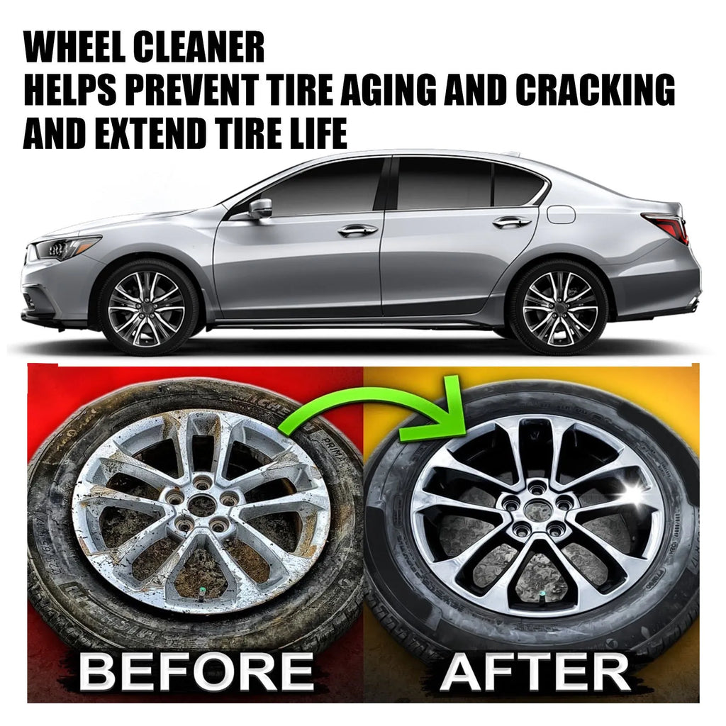 Car tyre cleaner kit showing 4.5x18.7cm spray bottle and 20x20cm microfibre towel for wheel cleaning.