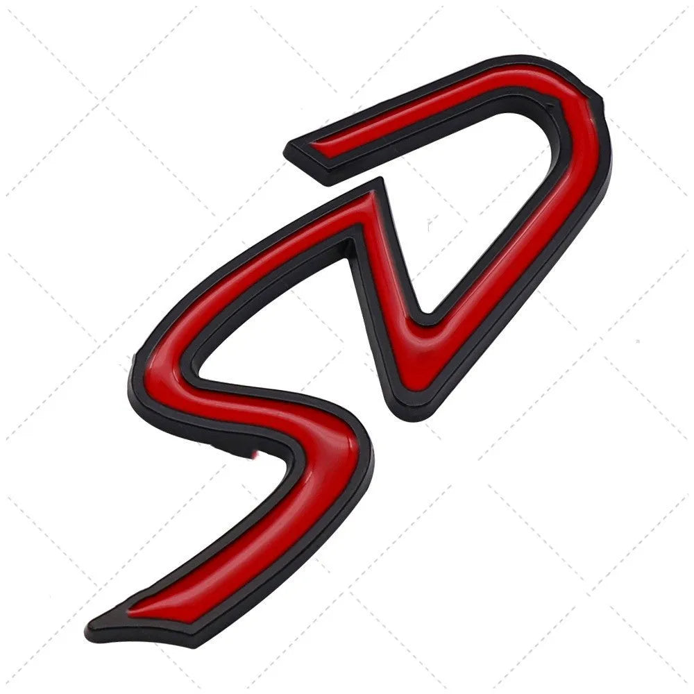 SD metal decorative car bumper sticker in red silver colour combination showing SD pattern design