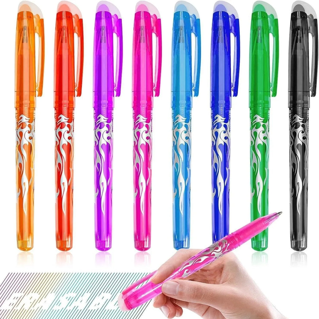 Set of hot erasable gel pens in multiple colours with plastic shells and stainless steel nibs.