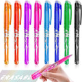 Set of hot erasable gel pens in multiple colours with plastic shells and stainless steel nibs.