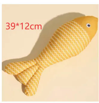 Yellow soft fabric cat toy shaped like a fish, a catnip-filled toy for feline play.