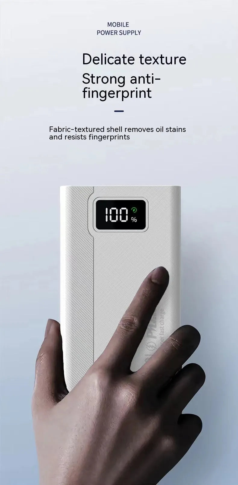 Large capacity power bank in black or white with plastic shell showing charging ports