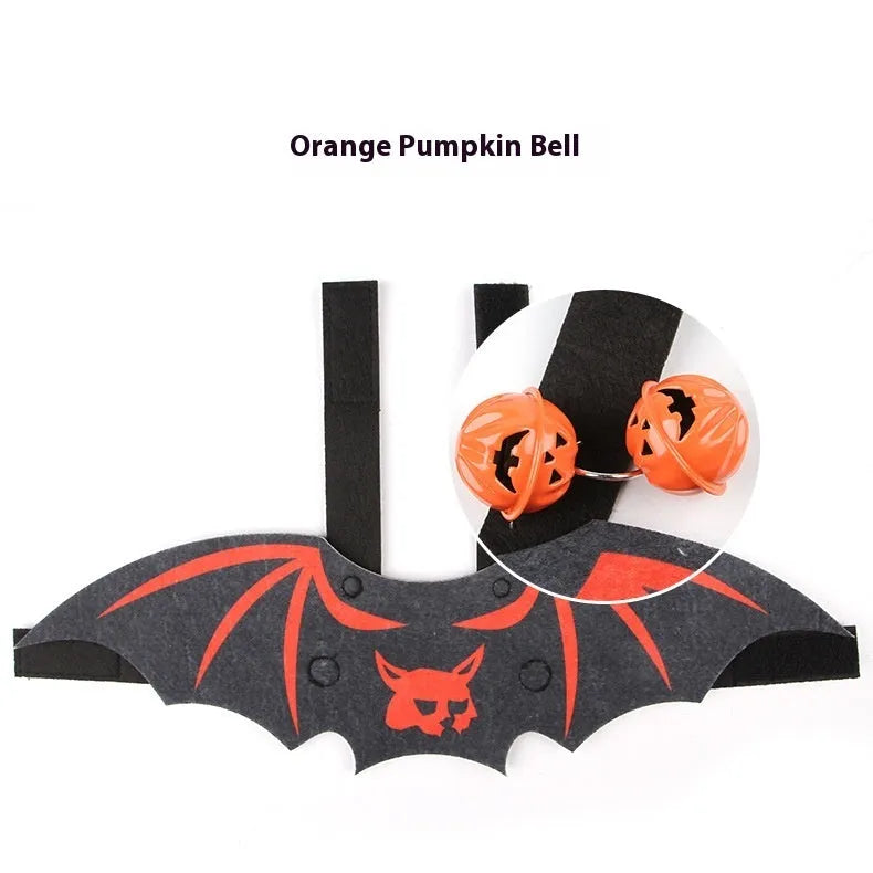 Halloween cat costume with black bat wings in pumpkin, red ghost, or white ghost colour variants with optional bell accessory