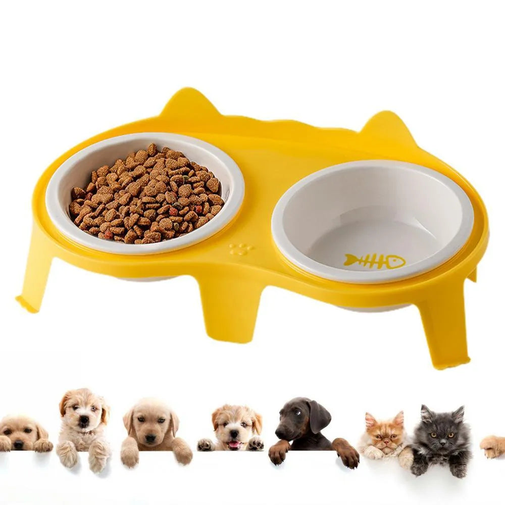 Blue ceramic cat food and water bowls on a white elevated plastic stand with a hook