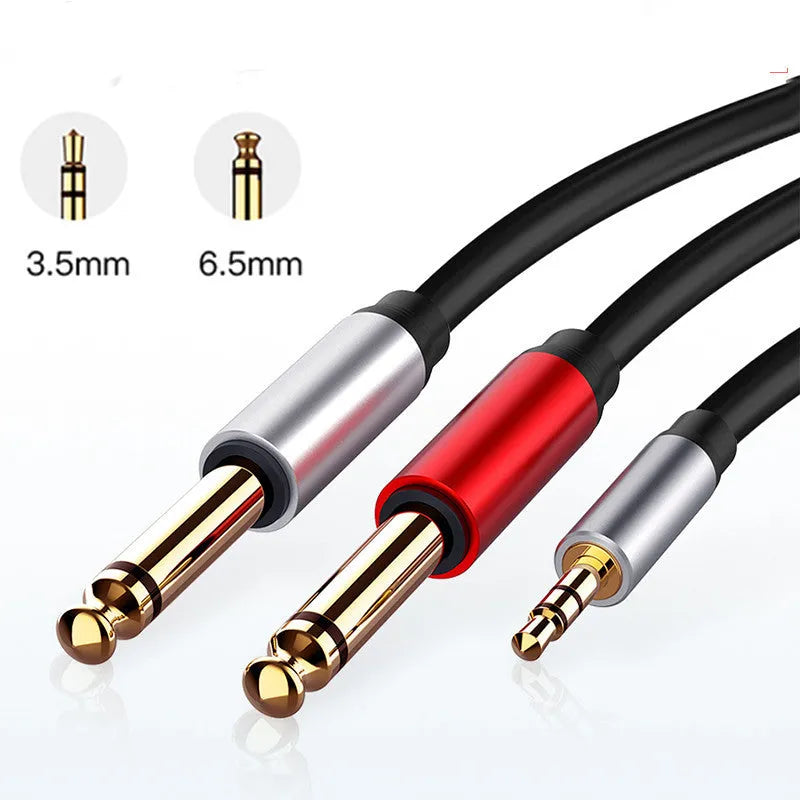 3.5mm to two 6.5mm male audio cable with black jacket and metal connectors.