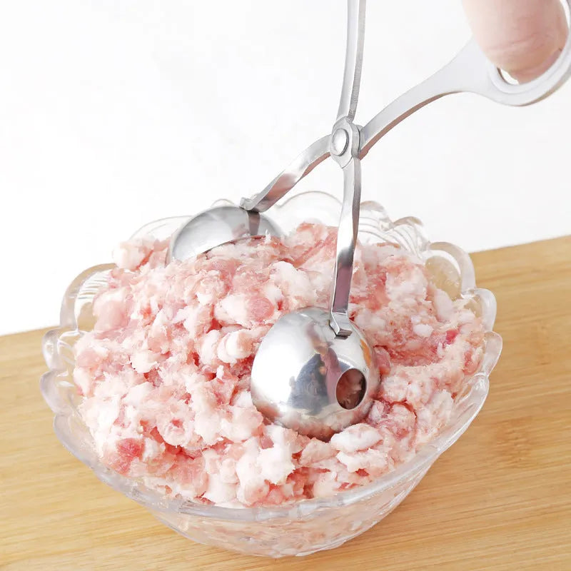 304 stainless steel meatball maker tongs on plain background, shows clip design and two size options, 16.5 cm length