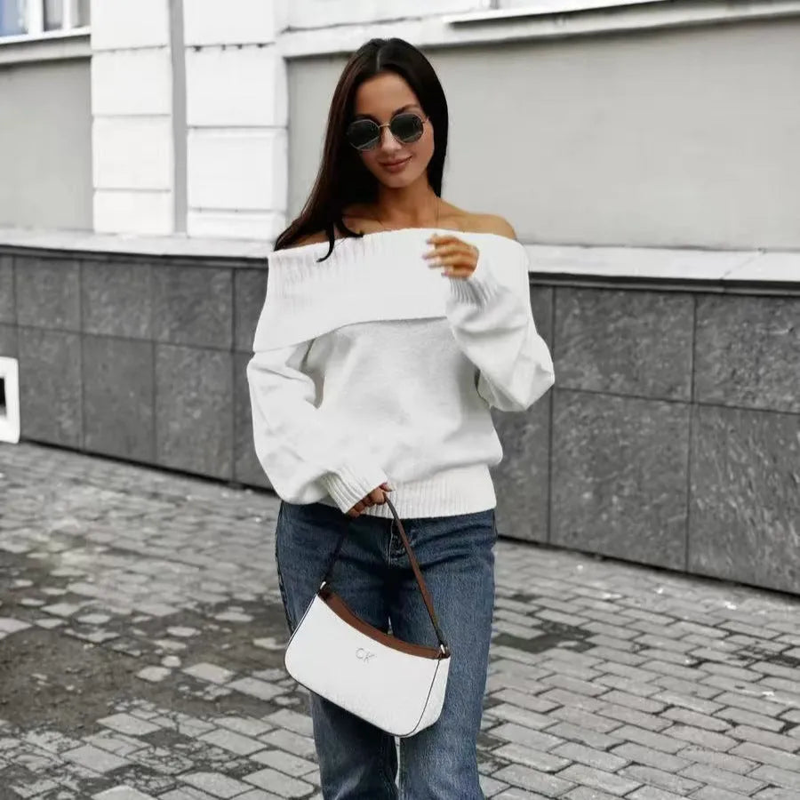 Grey off-the-shoulder strapless pullover sweater with 3D pattern and regular sleeves