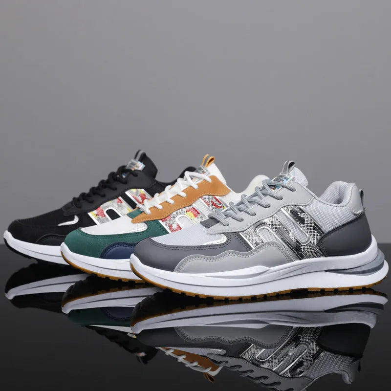 Men's mesh breathable sports casual shoes in white green, black, and gray colours with leather toe holder