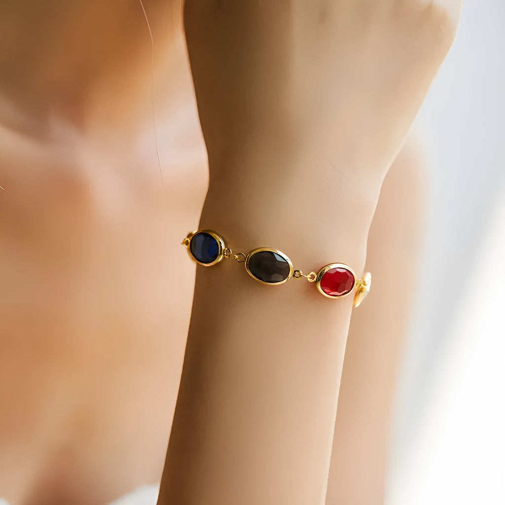 Copper geometric bracelet with glass inlay in blue, green, or multicolor colours