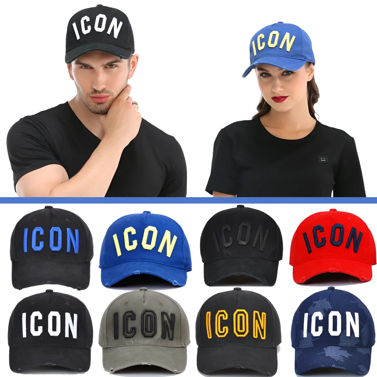 Cotton baseball cap for men and ladies in black with embroidered letters, dome style, all-match design