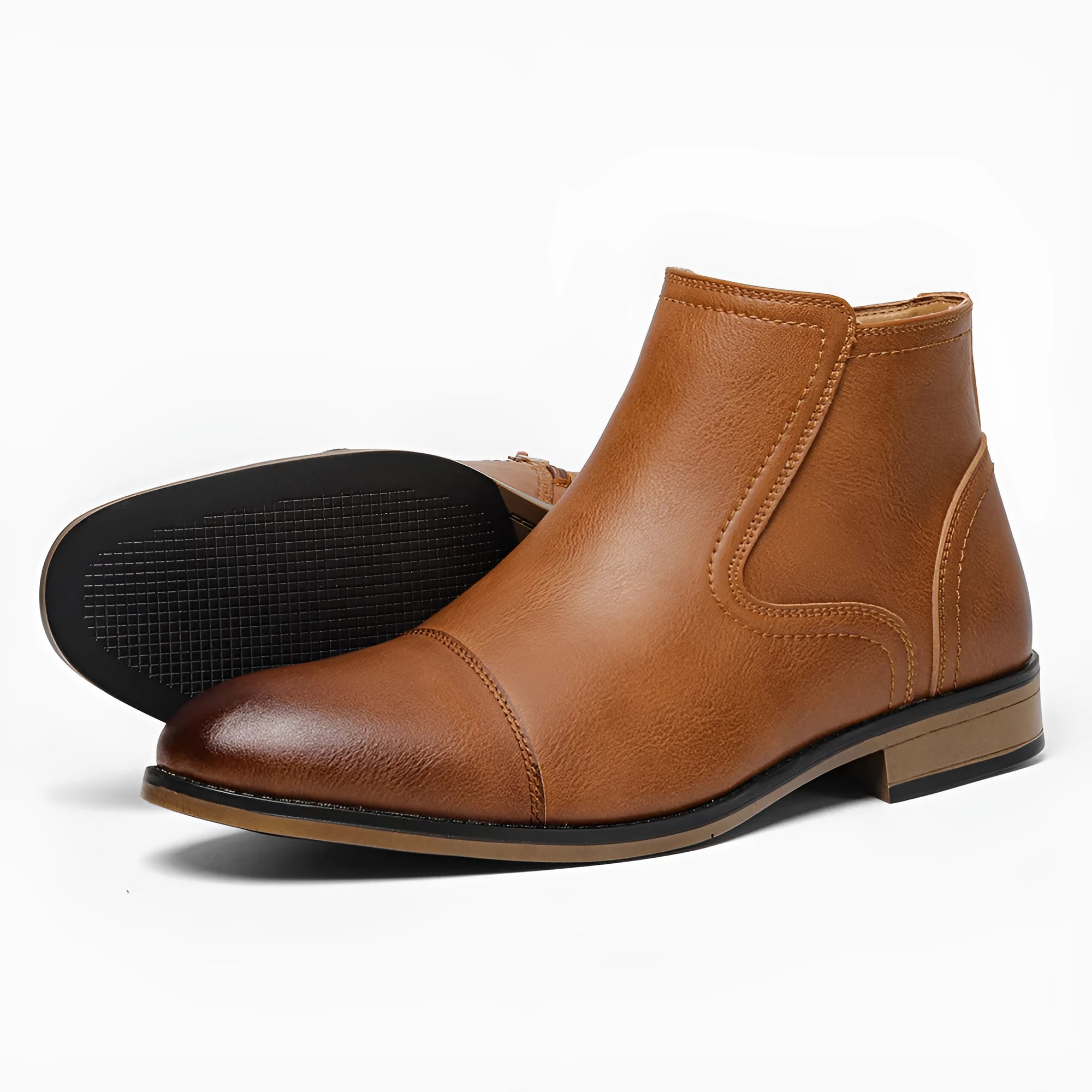 Men's brown plus size Chelsea boot with side zipper, round toe, and low heel.