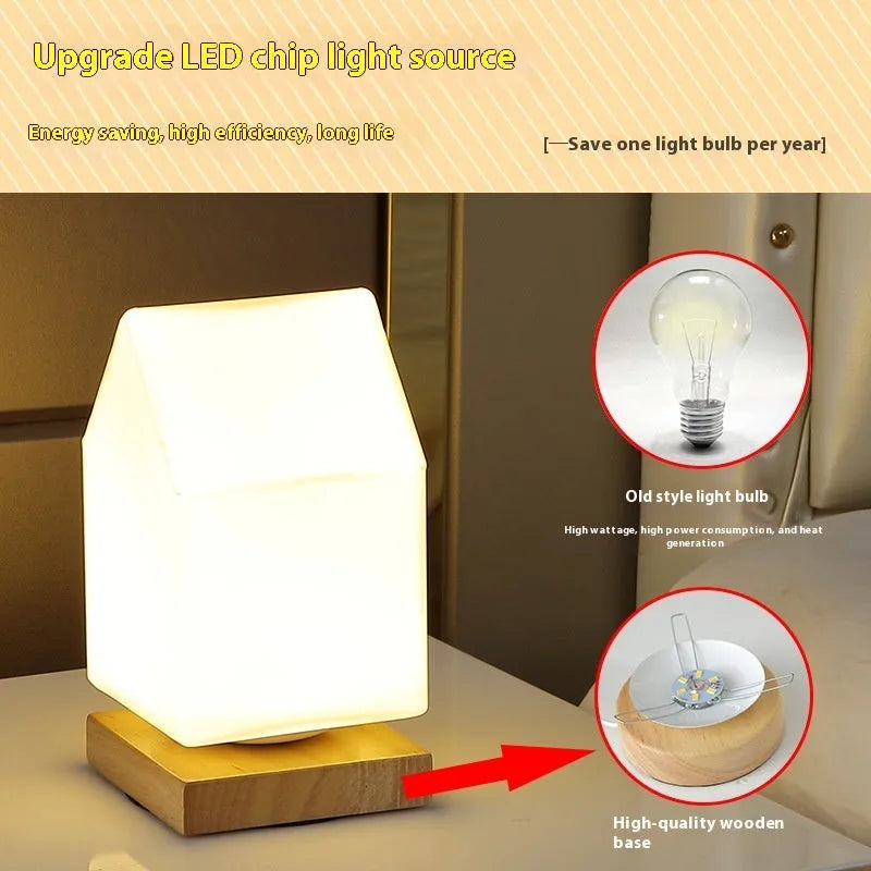 Nordic style solid wood USB table lamp in a white geometric shape with touch dimming.