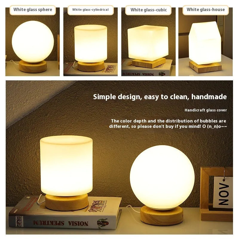 Nordic style solid wood USB table lamp in a white geometric shape with touch dimming.
