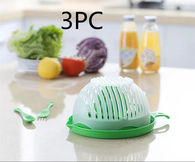 Creative salad cutter bowl with 13-seam lid, drain basket and serving plate base in blue