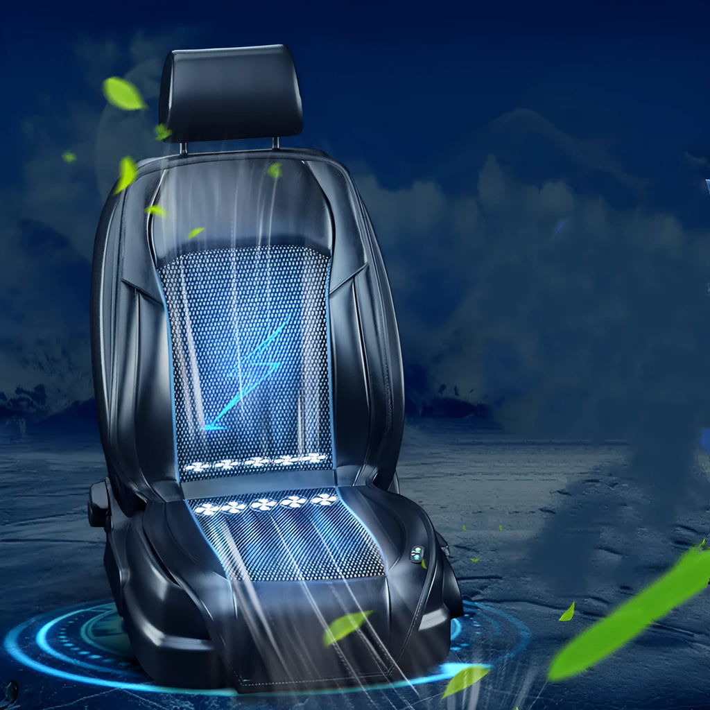 Brown ventilated car seat cushion with multiple cooling fans, connected to a 12V car lighter plug.