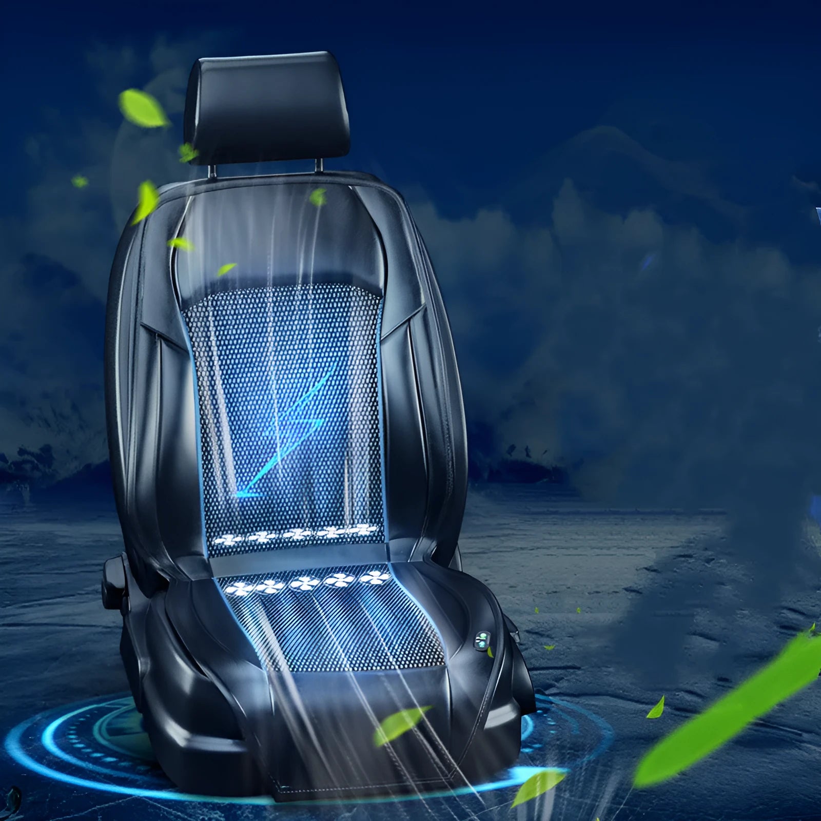Brown ventilated car seat cushion with multiple cooling fans, connected to a 12V car lighter plug.