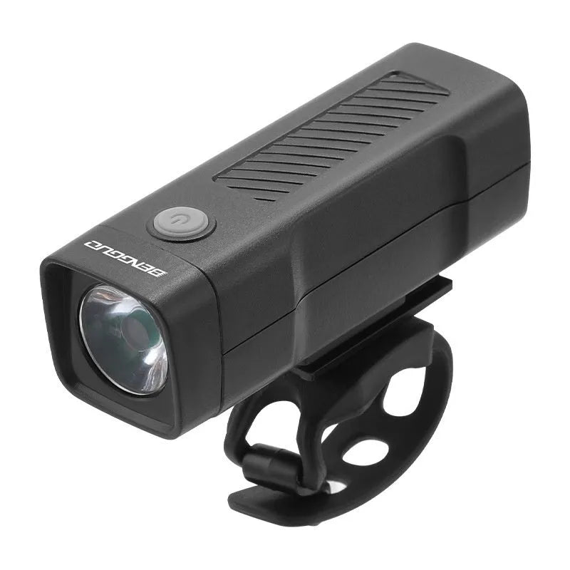 USB rechargeable bicycle headlight with quick-release strap on a handlebar.
