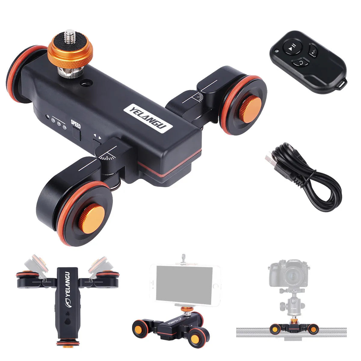 Wolf King L4X mobile camera remote control slide car with black body and silver remote on a tabletop