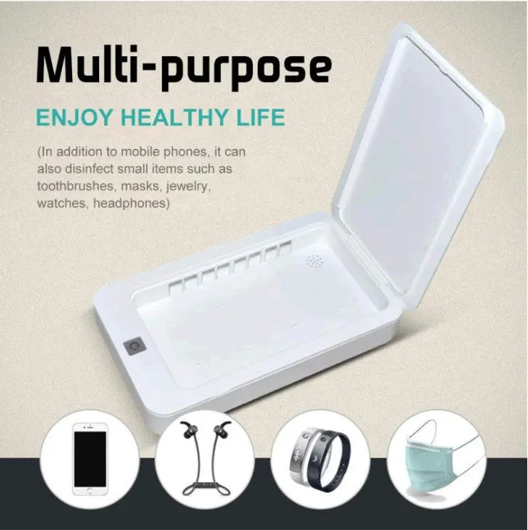 Blue UV phone steriliser machine with open lid showing interior chamber.